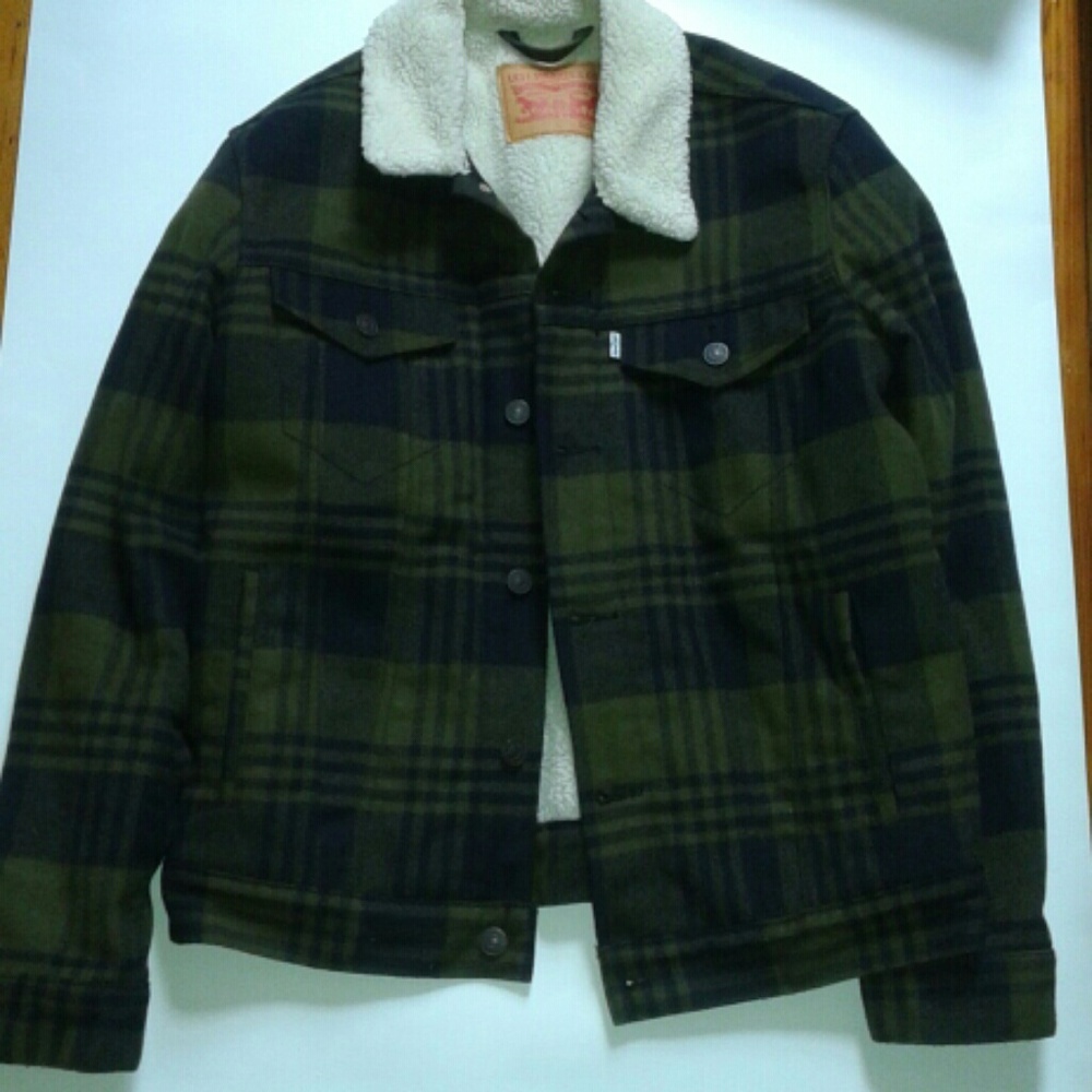 Levis Green Black Plaid Sherpa Jacket
